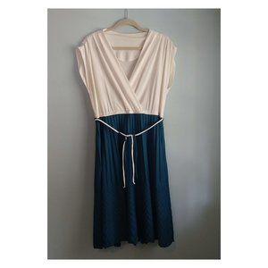 Vintage Dress, Cream and Teal Retro Dress, Size L